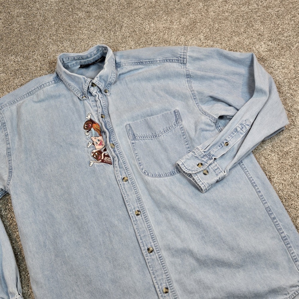 Vintage Hershey's Reese's Denim Shirt Size M Outrageous Sports Embroidered Logo